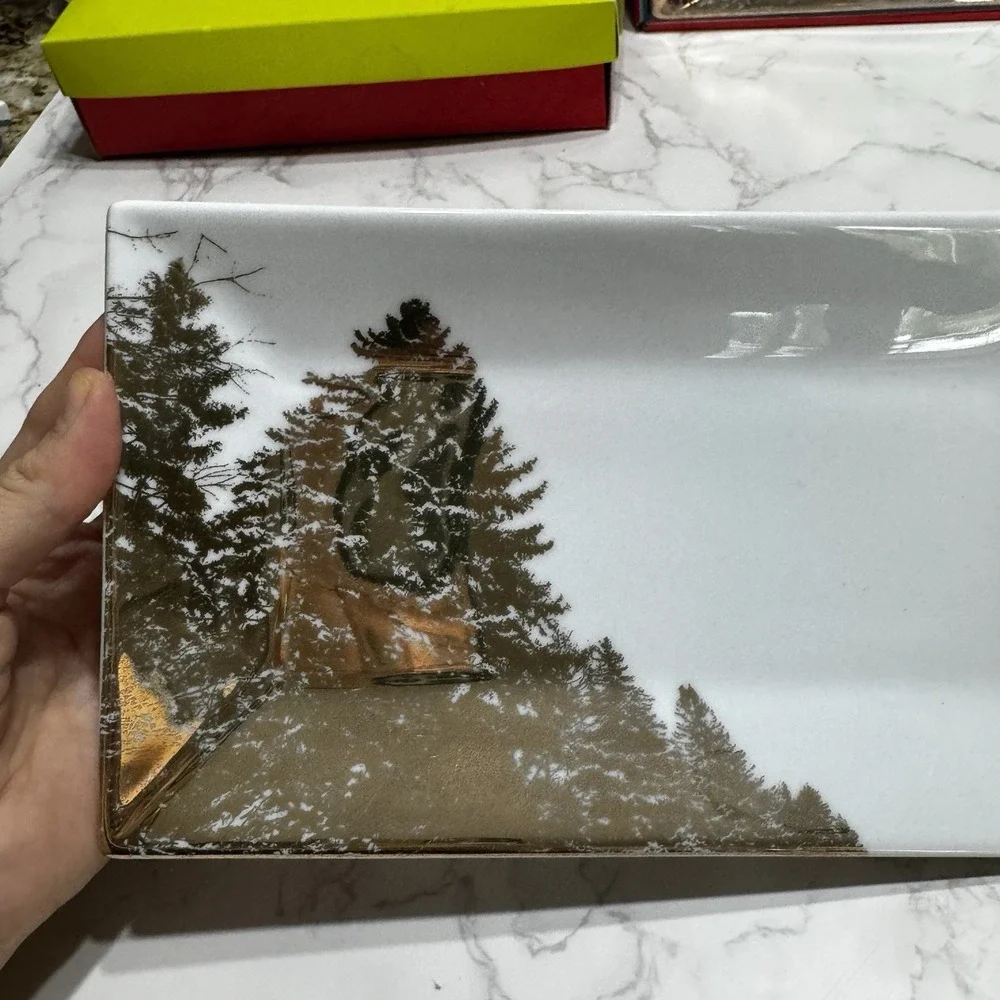 Lot 2 Threshold Porcelain Christmas Tree Rectangular Tray White Gold Pines 8.75